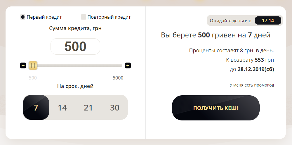 Кредитные суммы на Cashberry.com.ua
