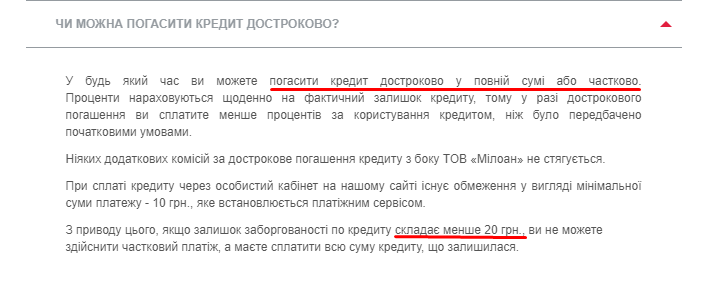 Условия погашения кредита на Miloan.ua