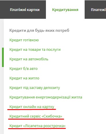 3 вида кредитных диапазонов на Оtpbank.com.ua