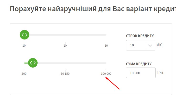 Кредитный диапазон программы "Лисапетная рассрочка" на Оtpbank.com.ua
